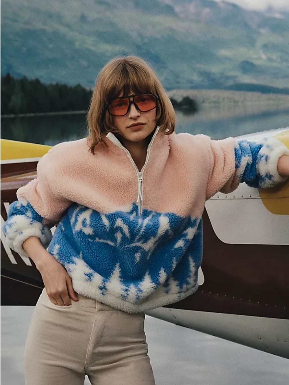 BEACH RIOT Leona Sherpa Pullover Sweater Mountain Graphic Half Zip XL